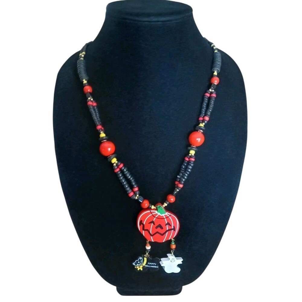 Vintage Halloween Jack O' Lantern Black Cat & Ghost Dangles Beaded 26" Necklace